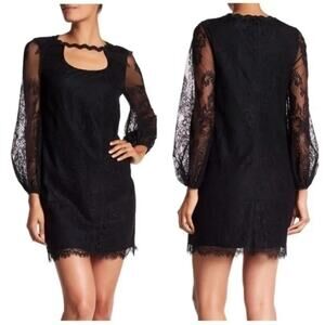 Trina Turk Lace Overlay Mini Dress Cut Out Neckline Sheer Balloon Sleeve Black 4